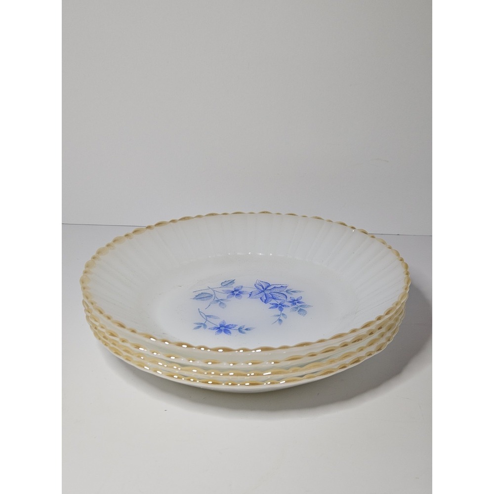 Vintage Termocrisa Milk Glass Soup Bowls Set of 4 Blue Floral Gold Trim Mexico